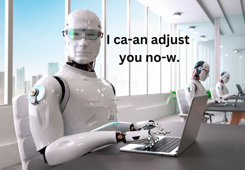 AI robot in office setting typing. I ca-an adjust you no-w.