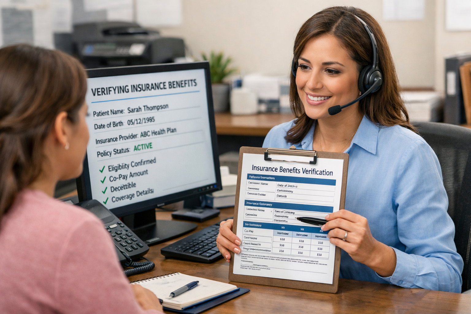 chiropractic assistant verifying insurance benefits for patient