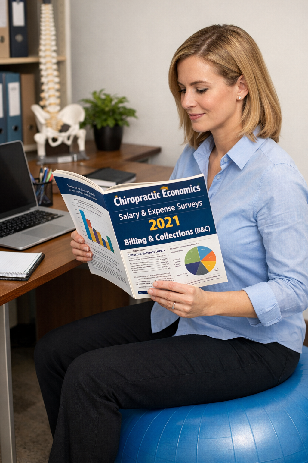 ask lisa sitting on a physio ball reading chiro economics magazine billing and collections