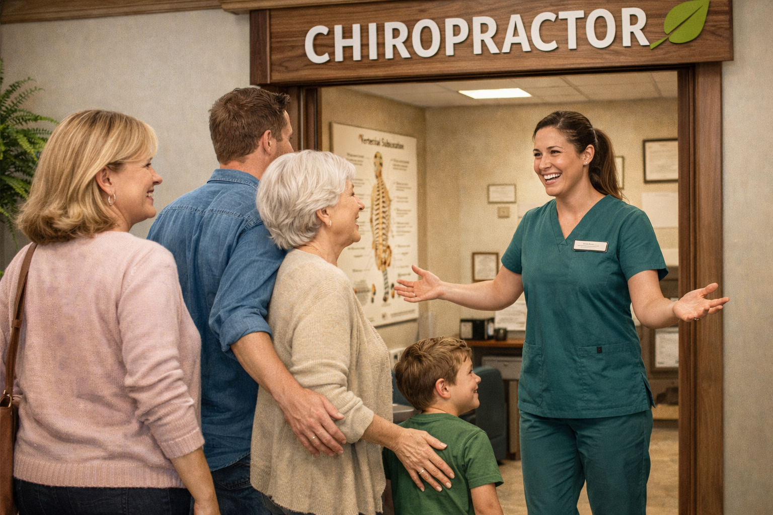 chiropractic assistant welcoming a family of patients. 
