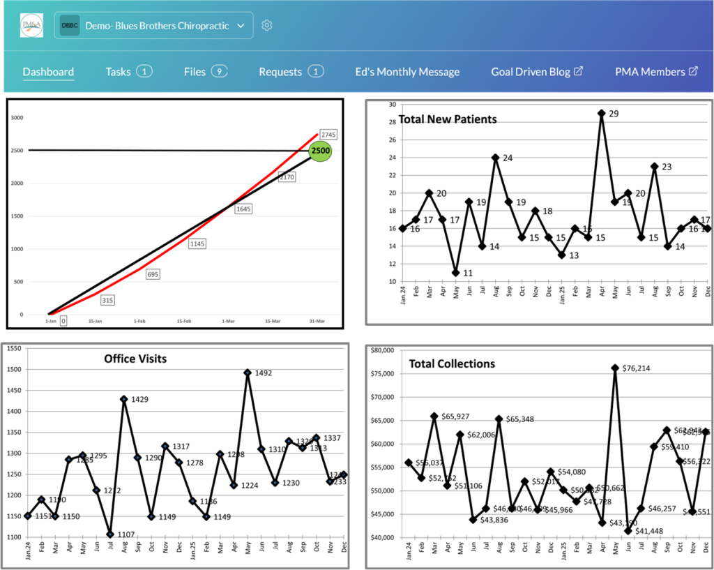 goal graph, new patient stats, office visits stats, collections stats for chiropractic office and accountability services